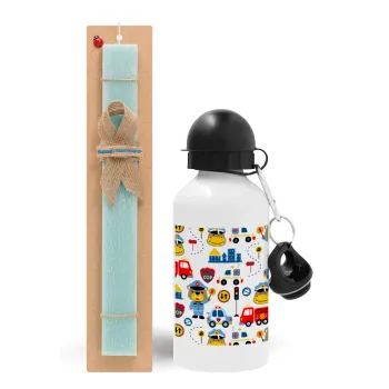 Rescue team cartoon, Easter Set, metallic aluminum water bottle (500ml) & scented flat candle (30cm) (TURQUOISE)