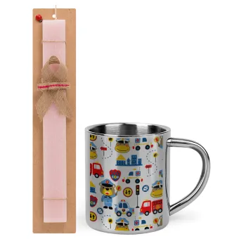 Rescue team cartoon, Easter Set, metallic thermal cup (300ml) & aromatic flat Easter candle (30cm) (PINK)