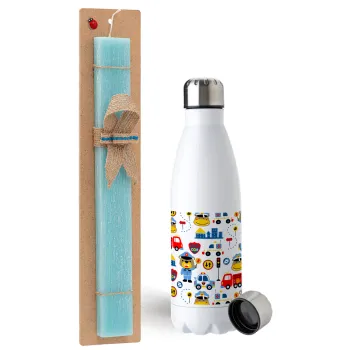 Rescue team cartoon, Easter Set, metallic stainless steel water bottle (750ml) & aromatic flat Easter candle (30cm) (TURQUOISE)
