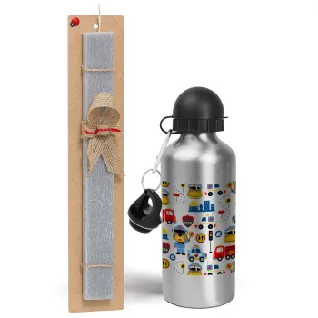 Rescue team cartoon, Easter Set, metallic silver aluminum water bottle (500ml) & aromatic flat Easter candle (30cm) (GRAY)