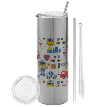 Rescue team cartoon, Tumbler ποτήρι θερμό Ασημένιο από ανοξείδωτο ατσάλι 600ml, με μεταλλικό καλαμάκι & βούρτσα καθαρισμού