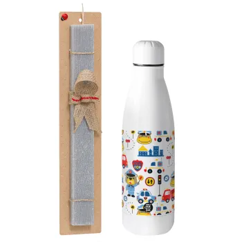 Rescue team cartoon, Πασχαλινή Λαμπάδα με μεταλλικό παγούρι θερμός ανοξείδωτο (500ml) & κερί αρωματικό πλακέ (30cm) (ΓΚΡΙ)