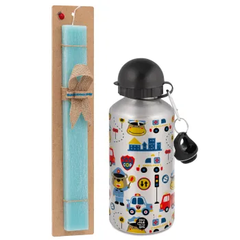 Rescue team cartoon, Easter Set, metallic silver aluminum water bottle (500ml) & scented flat Easter candle (30cm) (TURQUOISE)