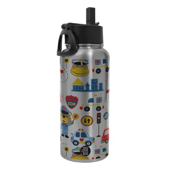 Rescue team cartoon, Μεταλλικό παγούρι θερμός Silver με καλαμάκι και χερούλι (Stainless steel), διπλού τοιχώματος, 950ml