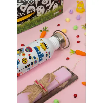 Rescue team cartoon, Πασχαλινή Λαμπάδα με παγούρι μεταλλικό (620ml, stainless steel) & κερί αρωματικό πλακέ (30cm) (ΡΟΖ)