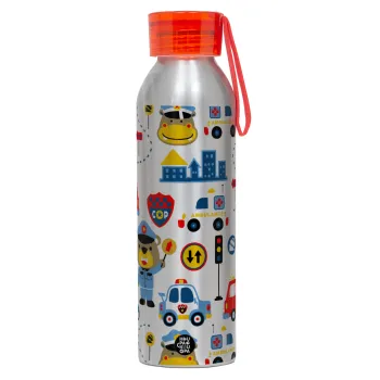 Rescue team cartoon, Αλουμινένιο Αθλητικό Μπουκάλι 650ml – Ασημί με Κόκκινο Καπάκι και Λουράκι Σιλικόνης