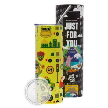 Rescue team cartoon, Neon Yellow Travel Tumbler θερμό, μεταλλικό καλαμάκι(Ανωξείδωτο 304 Food grade, BPA free, 600ml)