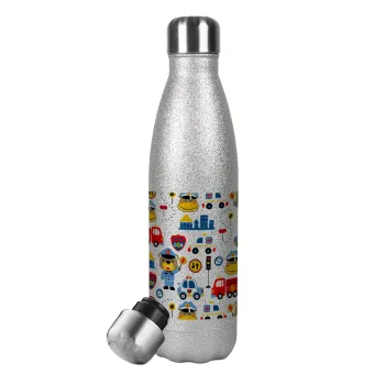 Rescue team cartoon, Metallic Glitter Silver Thermos Flask (Stainless steel), double-walled, 500ml