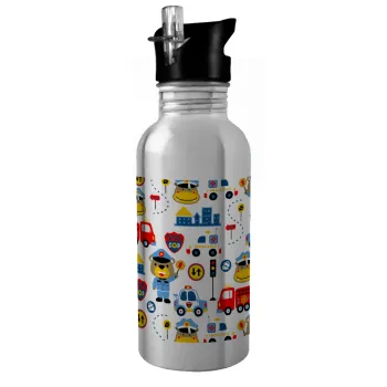 Rescue team cartoon, Water bottle Silver with straw, stainless steel 600ml