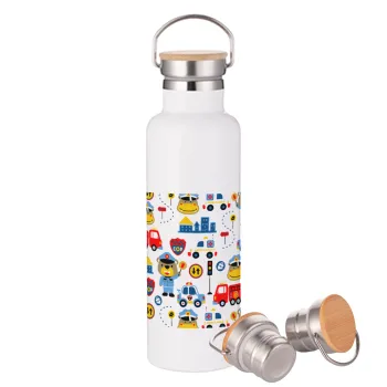 Rescue team cartoon, Stainless steel White with wooden lid (bamboo), double wall, 750ml