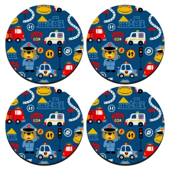 Rescue team cartoon, SET of 4 round wooden coasters (9cm)