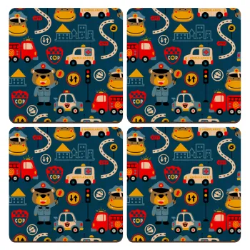 Rescue team cartoon, ΣΕΤ x4 Σουβέρ ξύλινα τετράγωνα plywood (9cm)