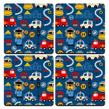 Rescue team cartoon, ΣΕΤ 4 Σουβέρ ξύλινα τετράγωνα (9cm)