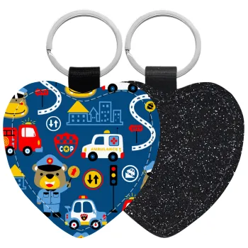 Rescue team cartoon, Μπρελόκ PU δερμάτινο glitter καρδιά ΜΑΥΡΟ