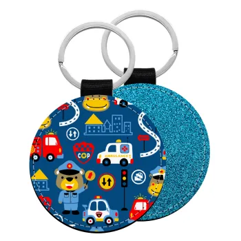 Rescue team cartoon, Μπρελόκ Δερματίνη, στρογγυλό ΜΠΛΕ (5cm)