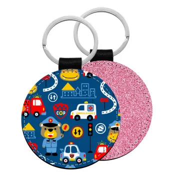 Rescue team cartoon, Μπρελόκ Δερματίνη, στρογγυλό ΡΟΖ (5cm)