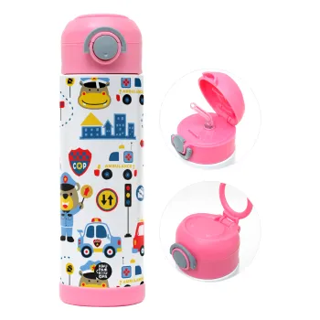 Rescue team cartoon, Children's hot water bottle, stainless steel, with safety straw, PINK (500ml)