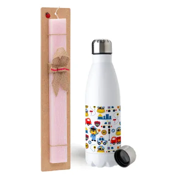 Rescue team cartoon, Easter Set, metallic stainless steel water bottle (750ml) & scented flat Easter candle (30cm) (PINK)