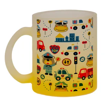 Rescue team cartoon, Κούπα γυάλινη δίχρωμη με βάση το κίτρινο ματ, 330ml