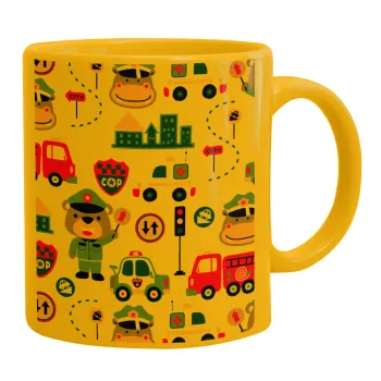 Rescue team cartoon, Ceramic coffee mug yellow, 330ml