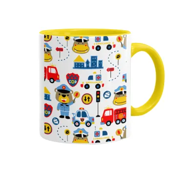 Rescue team cartoon, Mug colored yellow, ceramic, 330ml