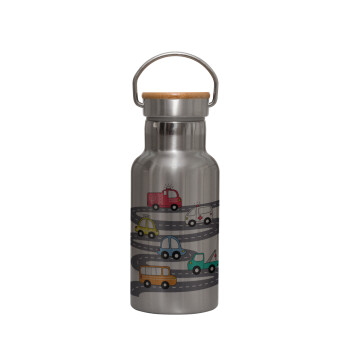 Hand drawn childish set with cars, Stainless steel metallic thermos flask, silver with a bamboo lid, double-walled, 350ml.