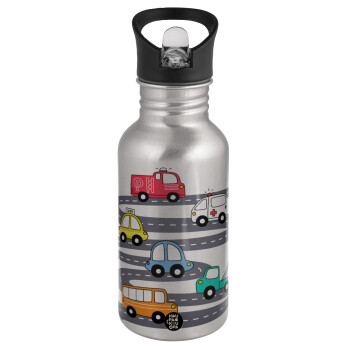 Hand drawn childish set with cars, Water bottle Silver with straw, stainless steel 500ml
