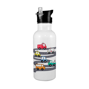 Hand drawn childish set with cars, White water bottle with straw, stainless steel 600ml