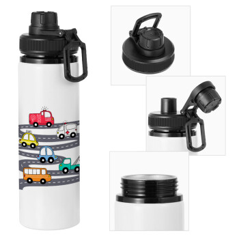 Hand drawn childish set with cars, Metal water bottle with safety cap, aluminum 850ml