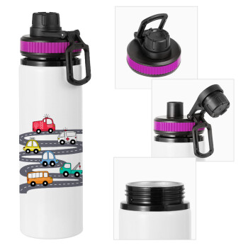 Hand drawn childish set with cars, Metallic water bottle with safety lid, 850ml aluminum