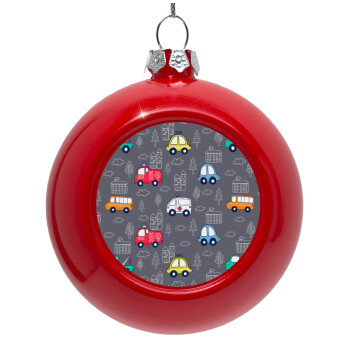 Hand drawn childish set with cars, Red Christmas tree ornament bauble 8cm