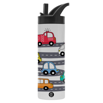 Hand drawn childish set with cars, Μεταλλικό παγούρι θερμός με καλαμάκι & χειρολαβή, ανοξείδωτο ατσάλι (Stainless steel 304), διπλού τοιχώματος, 600ml