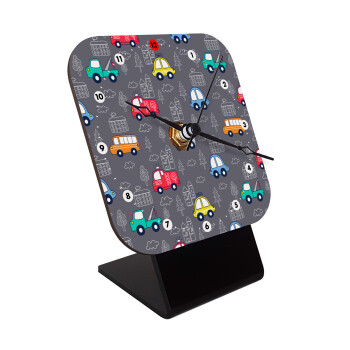 Hand drawn childish set with cars, Quartz Wooden table clock with hands (10cm)