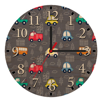 Hand drawn childish set with cars, Ρολόι τοίχου ξύλινο plywood (20cm)