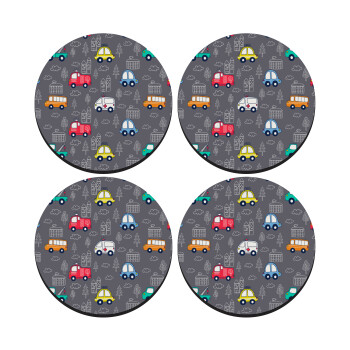 Hand drawn childish set with cars, ΣΕΤ 4 Σουβέρ ξύλινα στρογγυλά (9cm)