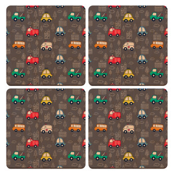 Hand drawn childish set with cars, ΣΕΤ x4 Σουβέρ ξύλινα τετράγωνα plywood (9cm)