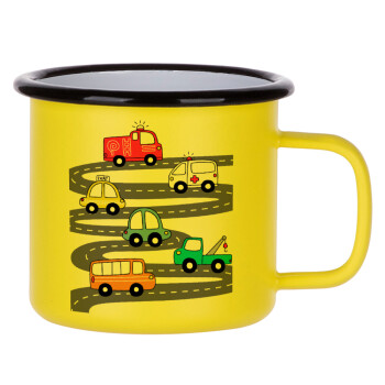 Hand drawn childish set with cars, Metallic enamel MATT Yellow cup 360ml
