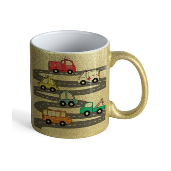 Hand drawn childish set with cars, Κούπα Χρυσή Glitter που γυαλίζει, κεραμική, 330ml