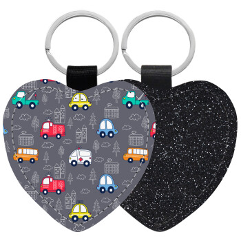 Hand drawn childish set with cars, Μπρελόκ PU δερμάτινο glitter καρδιά ΜΑΥΡΟ