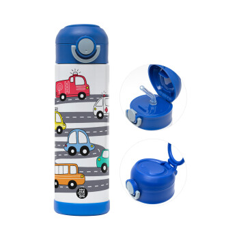 Hand drawn childish set with cars, Children's hot water bottle, stainless steel, with safety straw, BLUE (500ml)