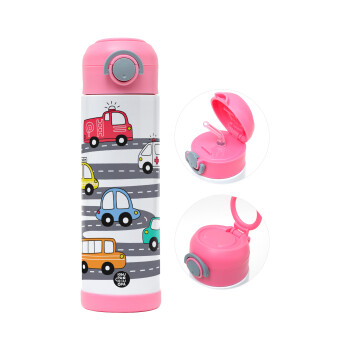 Hand drawn childish set with cars, Children's hot water bottle, stainless steel, with safety straw, PINK (500ml)