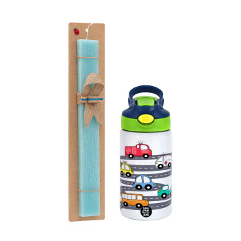 Hand drawn childish set with cars, Πασχαλινό Σετ, Παιδικό παγούρι θερμό, ανοξείδωτο, με καλαμάκι ασφαλείας, πράσινο/μπλε (350ml) & πασχαλινή λαμπάδα αρωματική πλακέ (30cm) (ΤΙΡΚΟΥΑΖ)