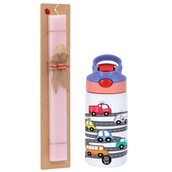 Hand drawn childish set with cars, Πασχαλινό Σετ, Παιδικό παγούρι θερμό, ανοξείδωτο, με καλαμάκι ασφαλείας, ροζ/μωβ (350ml) & πασχαλινή λαμπάδα αρωματική πλακέ (30cm) (ΡΟΖ)