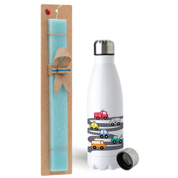 Hand drawn childish set with cars, Easter Set, metallic stainless steel water bottle (750ml) & aromatic flat Easter candle (30cm) (TURQUOISE)