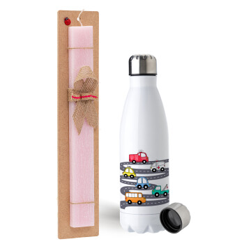 Hand drawn childish set with cars, Easter Set, metallic stainless steel water bottle (750ml) & scented flat Easter candle (30cm) (PINK)