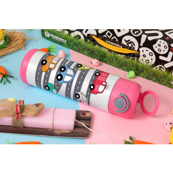 Hand drawn childish set with cars, Easter candle, Childrens hot water bottle, stainless steel, with safety straw, PINK (500ml)
