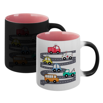 Hand drawn childish set with cars, Κούπα Μαγική εσωτερικό ΡΟΖ, κεραμική 330ml που αλλάζει χρώμα με το ζεστό ρόφημα