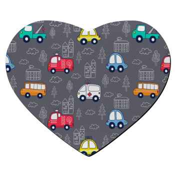 Hand drawn childish set with cars, Mousepad heart 23x20cm
