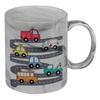 Hand drawn childish set with cars, Mug ceramic marble style, 330ml