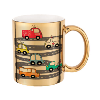 Hand drawn childish set with cars, Mug ceramic, gold mirror, 330ml
